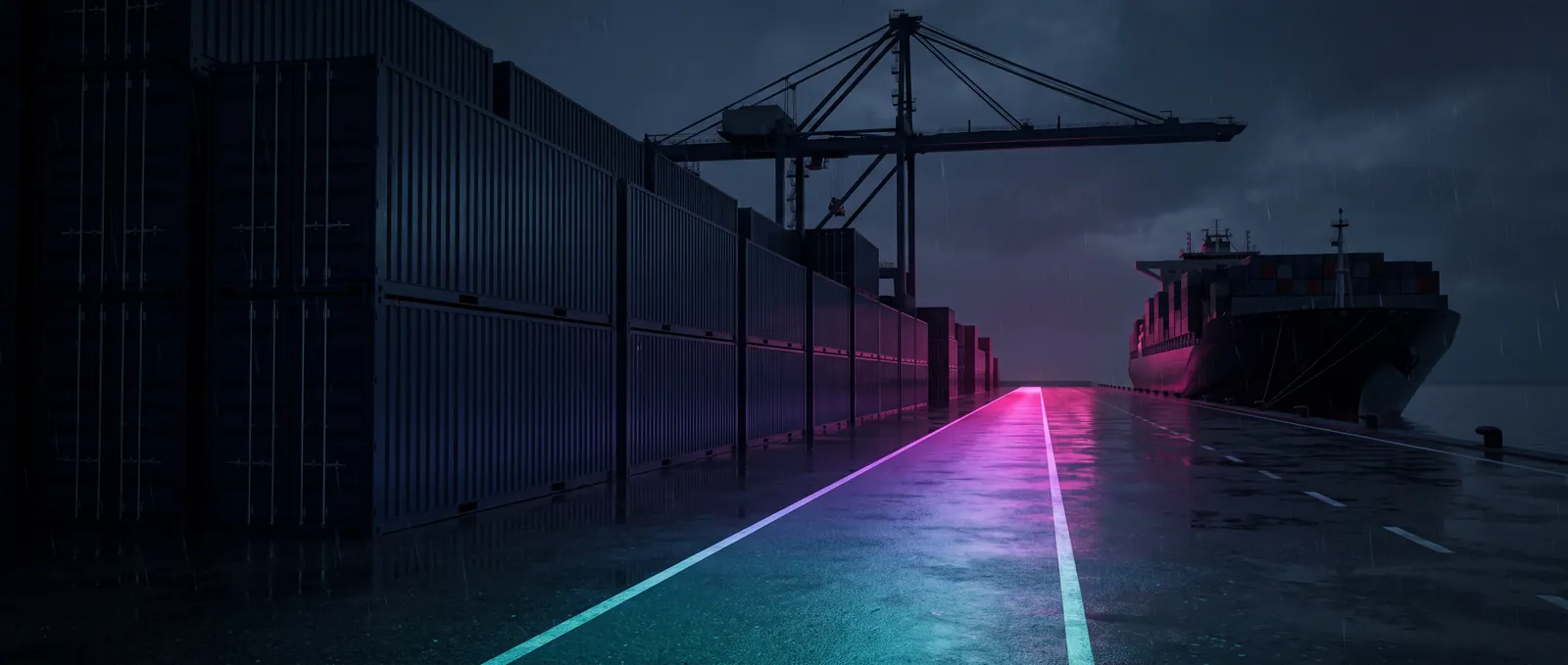 An ordered terminal with one straight glowing lane to the ship