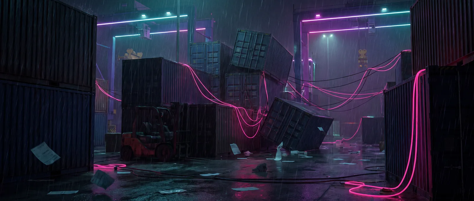 A chaotic container yard: mismatched stacks and tangled cables